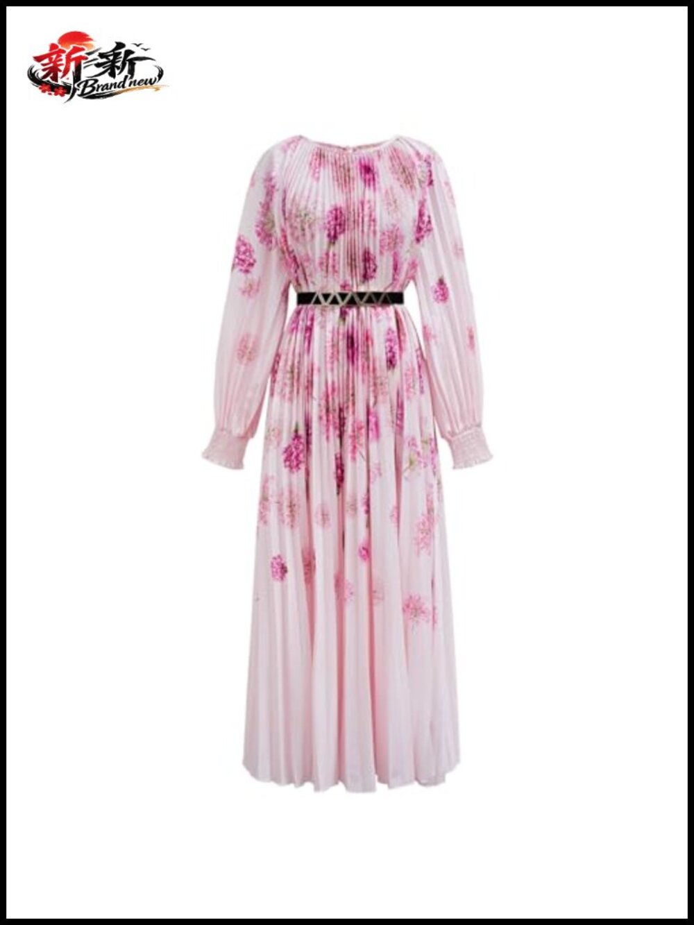 Long Sleeve Maxi Dress Watercolor Floral Print Crewneck Pleated with Belt